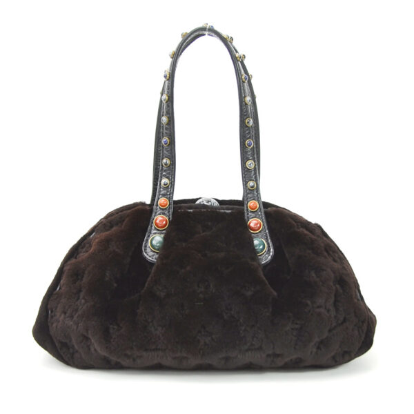 98827 Louis Vuitton Cabochon Demi Lune Mink Fur Leather Handbag Brown