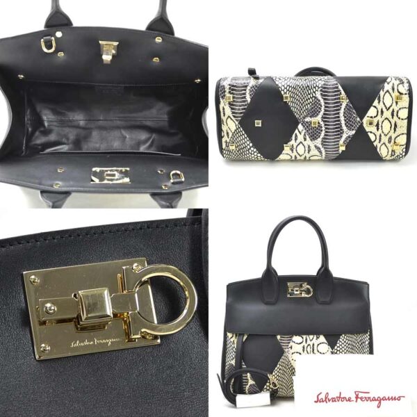 99066a 4 Salvatore Ferragamo Gancini Python Leather Handbag Black