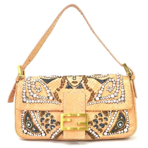 99400f Fendi Shoulder Bag Python Rhinestones Pearl Beads Beige Multicolor