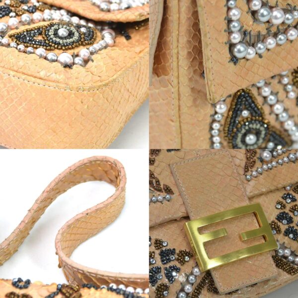 99400f 5 c Fendi Shoulder Bag Python Rhinestones Pearl Beads Beige Multicolor