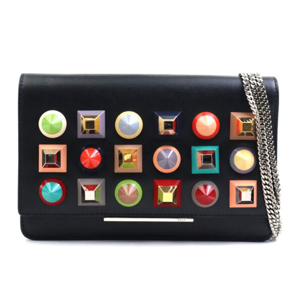 a0461 Fendi Chain Wallet Leather Black Multicolor