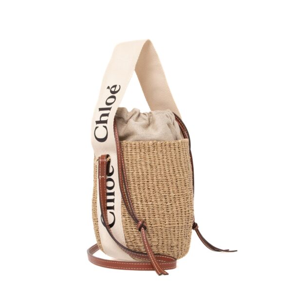 bag0208 01 Chloe Woody Small Basket Bag Leather Canvas White Brown