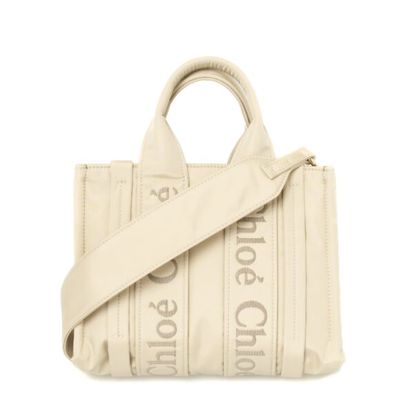 bag0209 04 Chloe Woody Small Tote Bag Leather Canvas Beige Brown