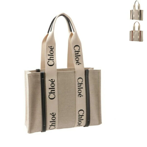 chc22as383j28 Chloe Woody Medium Canvas Tote White Beige