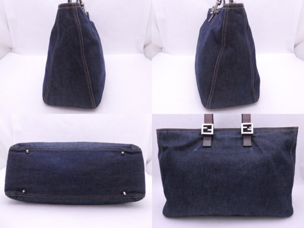 e47152a 1 Fendi FF Tote Bag Denim Canvas Leather Indigo Blue Brown