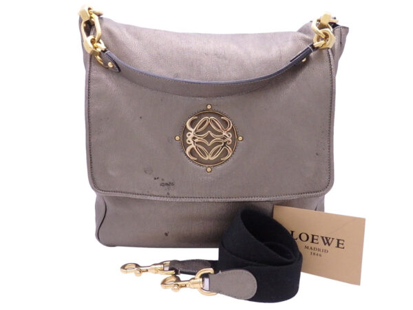 e47341 Loewe Anagram Leather Handbag Shoulder Bag Metallic Gray