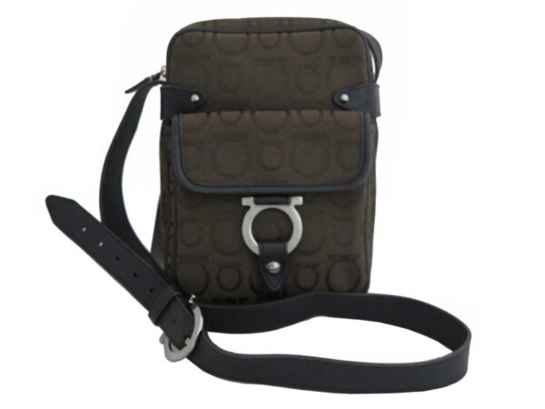 e48395 Salvatore Ferragamo Gancini Canvas Leather Crossbody Bag Khaki Black