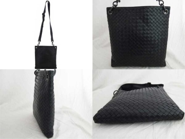 e48492a 1 Bottega Veneta Intrecciato Leather Canvas Crossbody Shoulder Bag Black