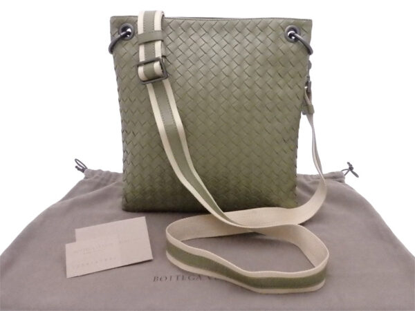 e48543g Bottega Veneta Intrecciato Leather Canvas Crossbody Shoulder Bag Khaki