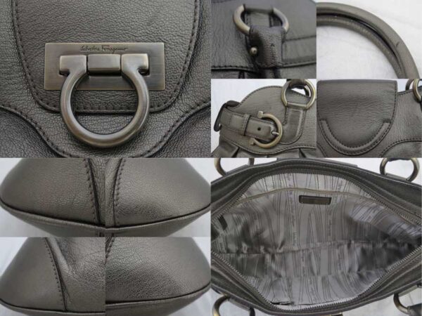 e50393a 2 Salvatore Ferragamo Gancini Canvas Leather Bag Khaki Black