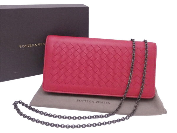 e50563g Bottega Veneta Intrecciato Leather Chain Wallet Bag Red Gunmetal