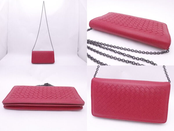 e50563g 1 Bottega Veneta Intrecciato Leather Chain Wallet Bag Red Gunmetal