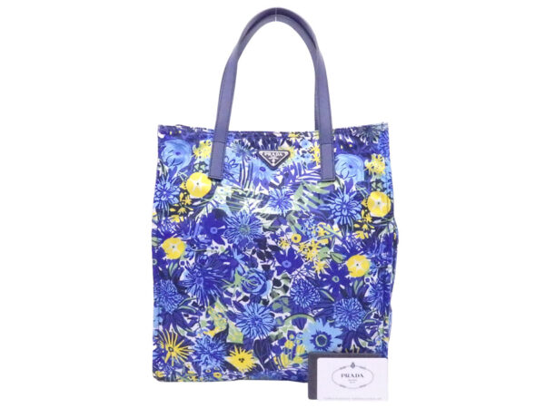 e50842g Prada Tote Bag Flower Nylon Leather Blue Multicolor