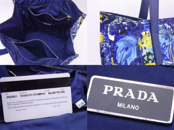 e50842g 2 Prada Tote Bag Flower Nylon Leather Blue Multicolor