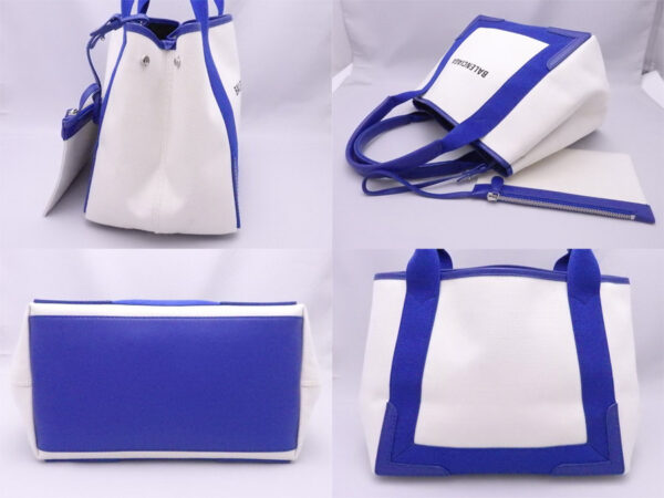 e51449g 1 Balenciaga Blue CABAS Canvas Leather Tote Bag White Blue