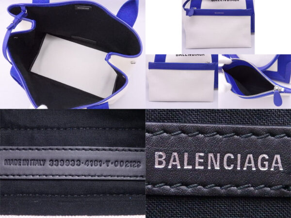 e51449g 2 Balenciaga Blue CABAS Canvas Leather Tote Bag White Blue