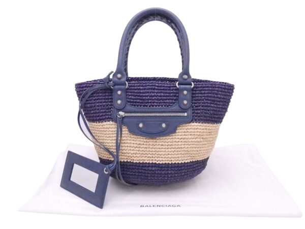 e52143f Balenciaga Pannier XS Straw Leather Tote Bag Purple Beige Blue Blue