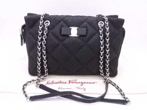 e53347g Salvatore Ferragamo Rose Canvas Chain Shoulder Bag Black