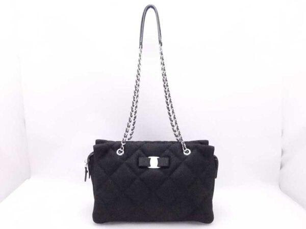 e53347g 1 Salvatore Ferragamo Rose Canvas Chain Shoulder Bag Black