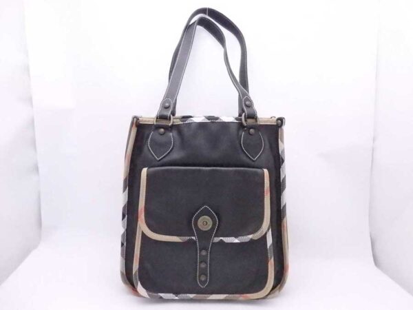 e53746i Burberry Nova Check Leather Canvas Tote Shoulder Bag Black