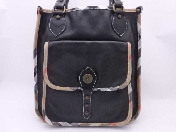 e53746i 1 Burberry Nova Check Leather Canvas Tote Shoulder Bag Black