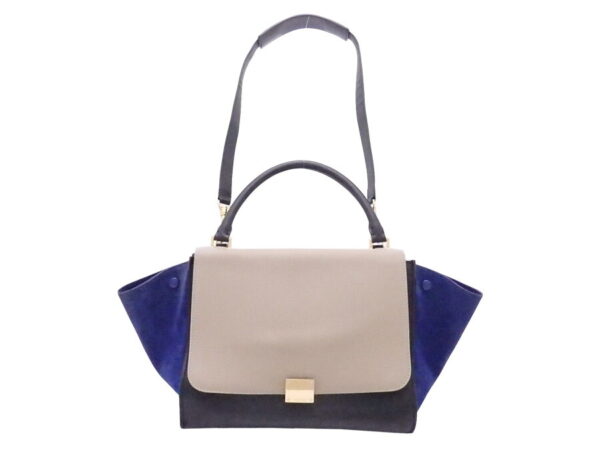 e54342f 1 Celine Trapeze Shoulder Bag Leather Suede Greige Black Blue