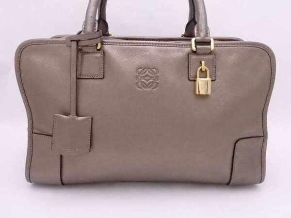 e54651a 1 Loewe Amazona Leather Handbag Metallic Khaki Gray