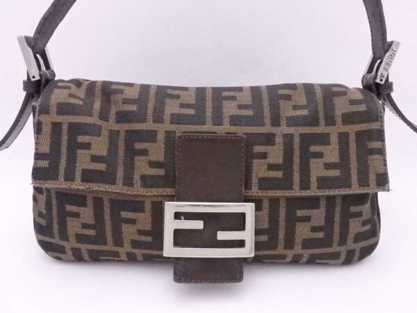 e54952a 1 Fendi Zucca Baguette Shoulder Bag Canvas Leather Brown