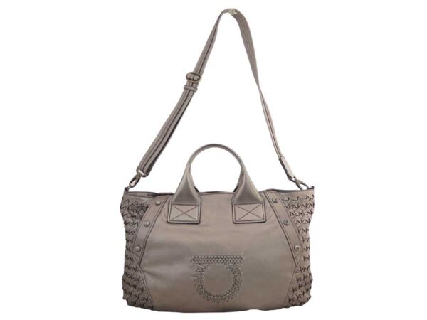 e55046a 1 Salvatore Ferragamo Gancini Leather Shoulder Bag Metallic Gray