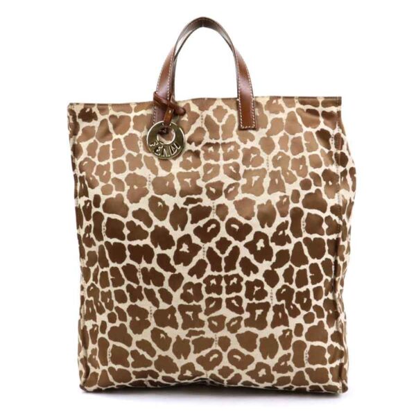 e55362f Fendi Tote Bag Leopard Canvas Satin Leather Brown Beige