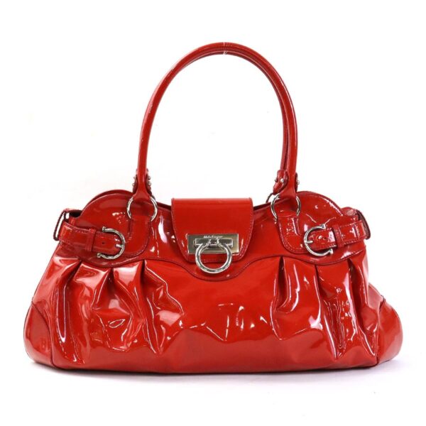 e57107k Salvatore Ferragamo Gancini Patent Leather Handbag Red