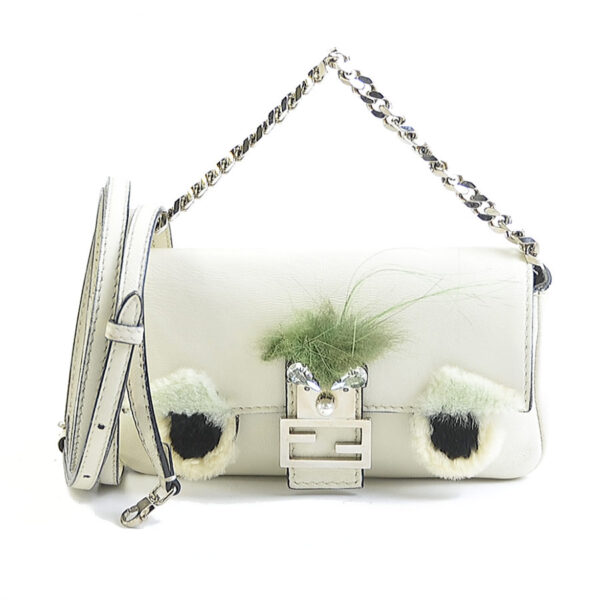 e58381g Fendi Micro Baguette Crossbody Shoulder Bag Leather Fur White Green