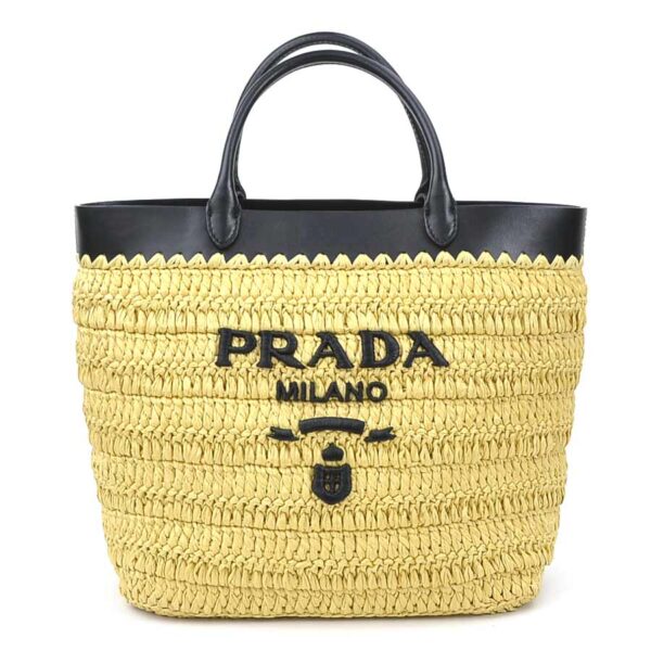 e59119g Prada Tote Bag Crochet Leather Rayon Black Natural