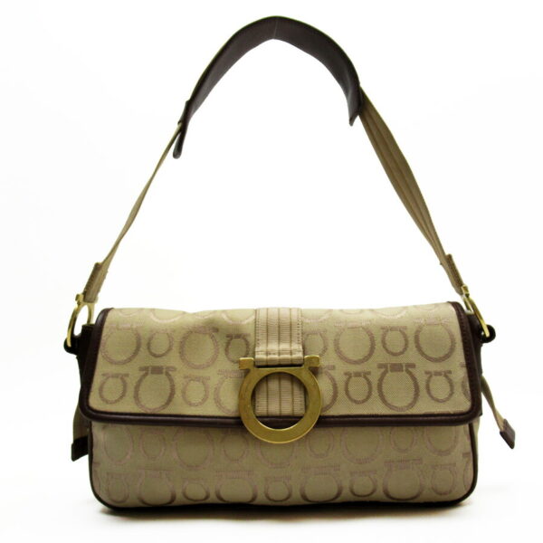 g3206a Salvatore Ferragamo Gancini Canvas Leather Shoulder Bag Beige Brown