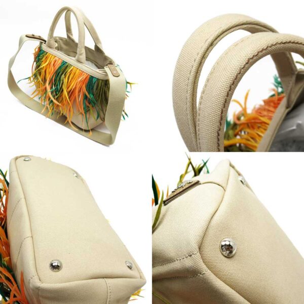 h24165 1 Prada Triangle Canvas Feather 2Way Bag Beige Multi