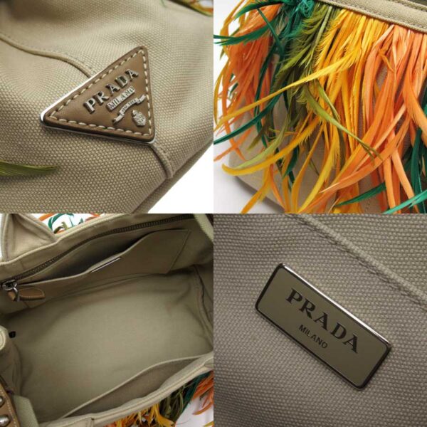 h24165 2 Prada Triangle Canvas Feather 2Way Bag Beige Multi