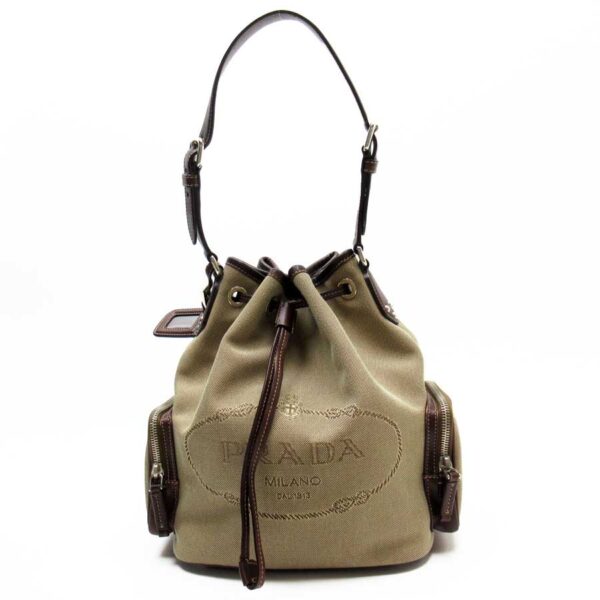 h24718f Prada Canvas Leather Shoulder Bag Beige Brown