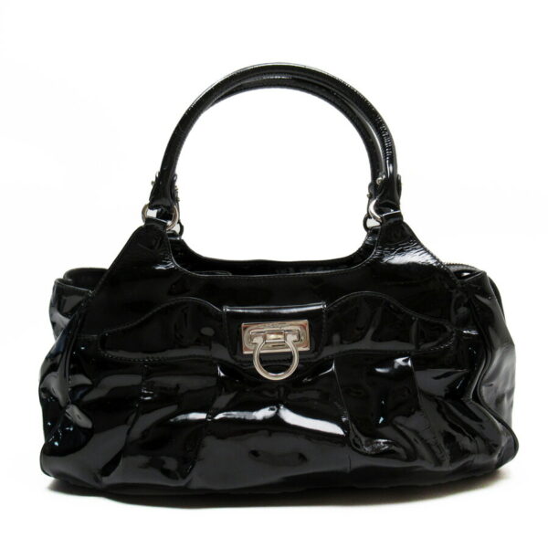 h26737a Salvatore Ferragamo Gancini Patent Leather Shoulder Bag Black