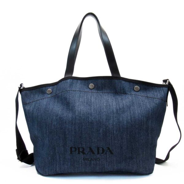 h27191f Prada Leather Denim Canvas 2Way Bag Black Denim Blue