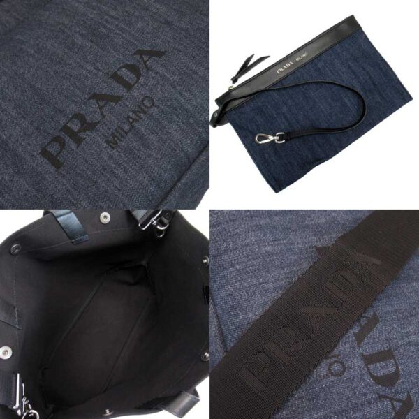 h27191f 2 Prada Leather Denim Canvas 2Way Bag Black Denim Blue