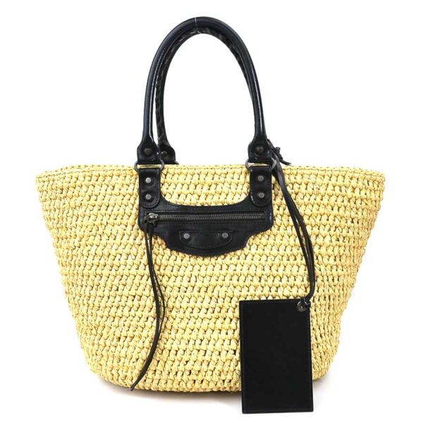 h29686i Balenciaga Straw Leather Basket Bag Natural Black