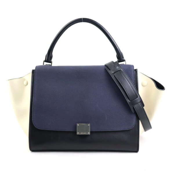 h30504g Celine Trapeze Shoulder Bag Leather Blue Black Ivory