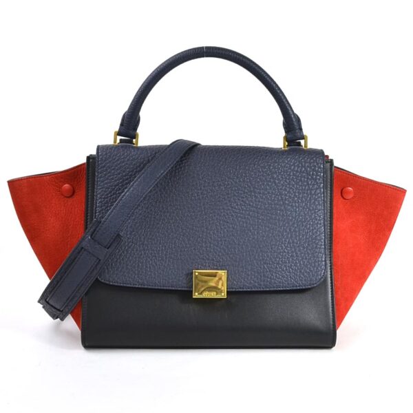 i0421 Celine Trapeze 2Way Bag Leather Suede Blue Red Black