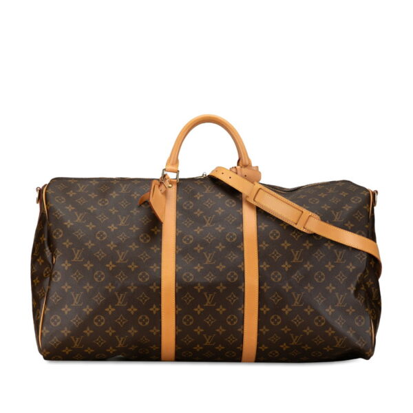 i2sp8keht2ibyec9 1 Louis Vuitton Monogram Keepall Bandouliere 60 2WAY Bag Brown