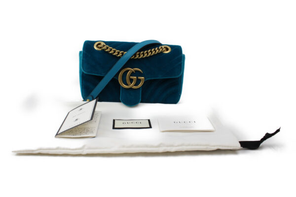 imgrc0073306291 Gucci GG Marmont Velvet Chain Bag Petrol Blue