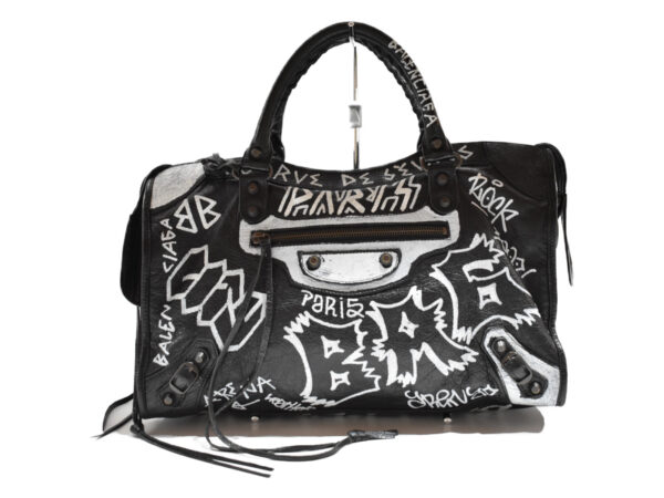 imgrc0075629841 Balenciaga Leather Handbag Graffiti Classic City Black