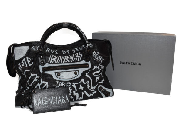 imgrc0075629853 Balenciaga Leather Handbag Graffiti Classic City Black