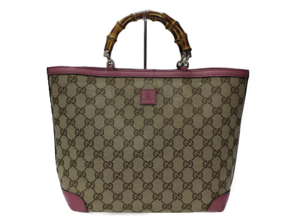 imgrc0081837664 Gucci Bamboo Leather Canvas Handbag Pink Beige