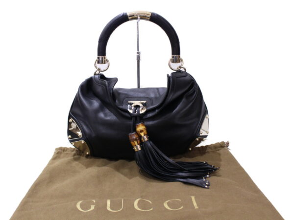 imgrc0085982845 Gucci Indy Leather Bamboo Tassel Shoulder Bag Black