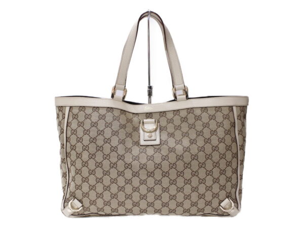 imgrc0086859899 Gucci GG Canvas Leather Tote Bag Beige White